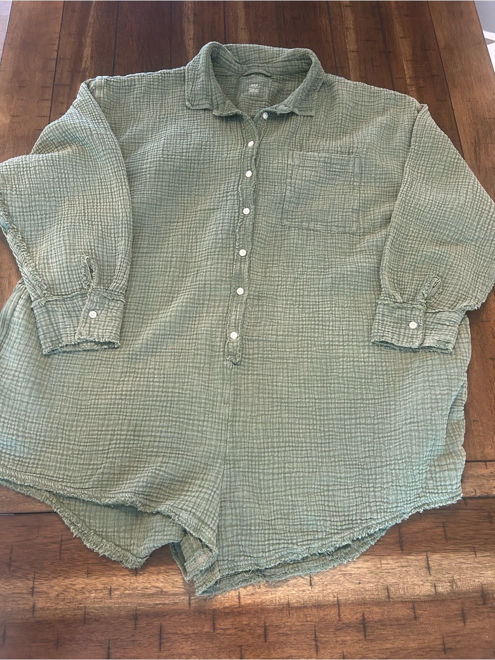 Aerie Cotton Gauze Romper Green Long Sleeve Button Front Boho Beach Size L